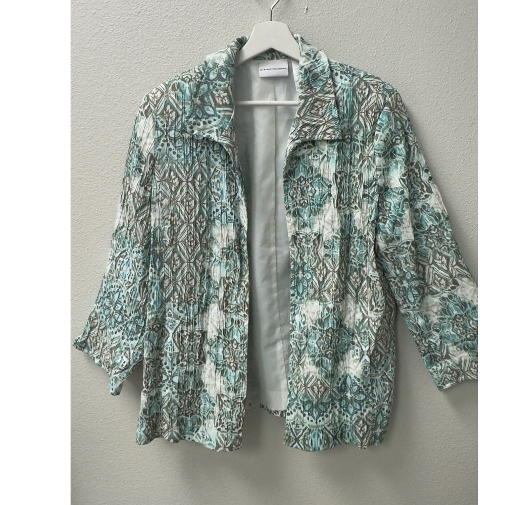 Alfred Dunner Blazer Jacket Womens 16 Teal Taupe Grandma Crinkle Cottagecore